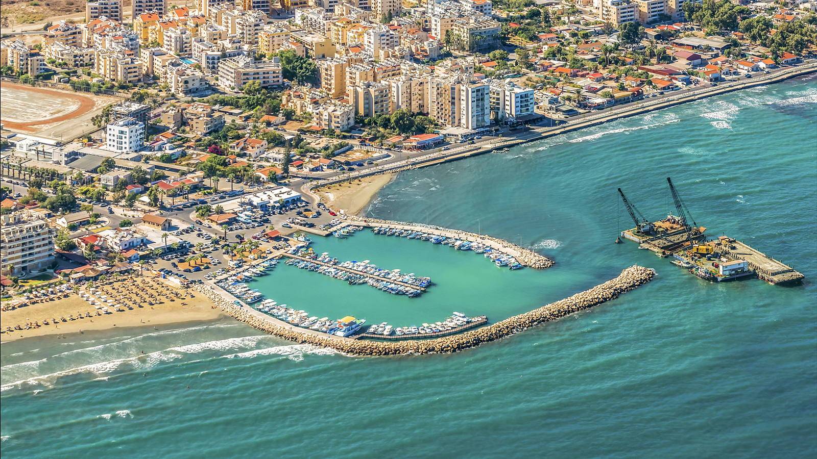 Aerial view of Larnaca marina and the Finikoudes seafront, with the eastern Mediterranean beyond