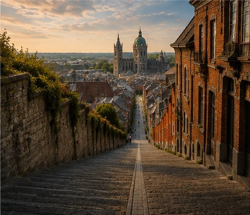 The long stone staircase of the Montagne de Bueren climbing between brick houses above Liege