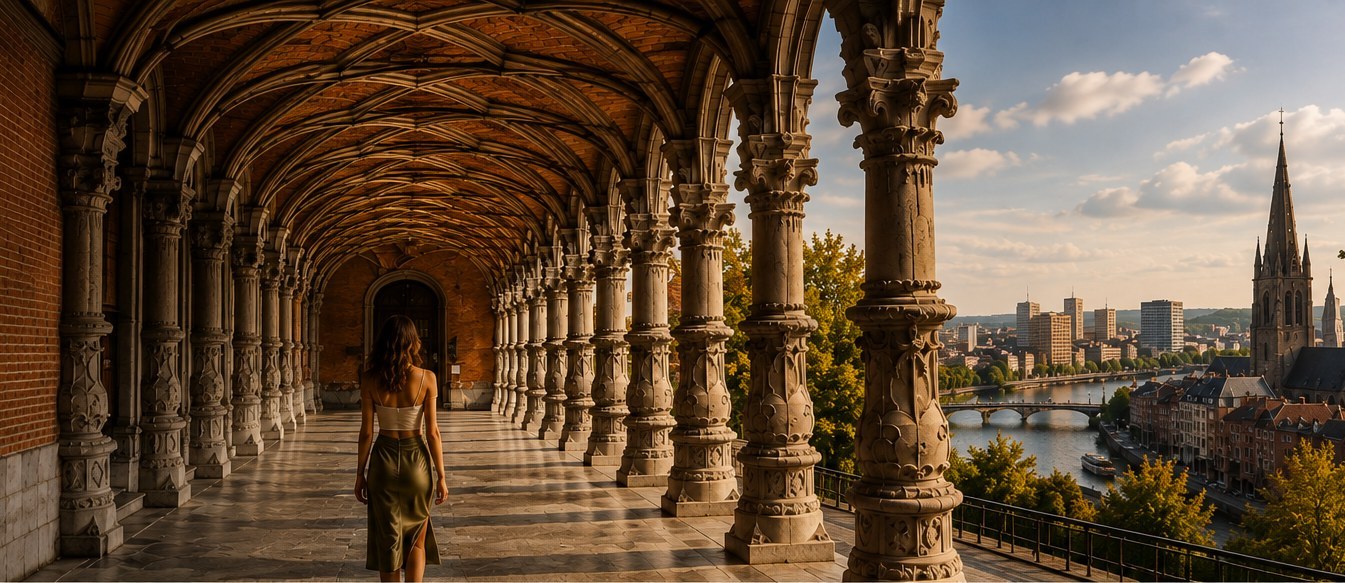 The arcaded gallery of the Palace of the Prince-Bishops in Liege, and the Meuse running through the city beyond
