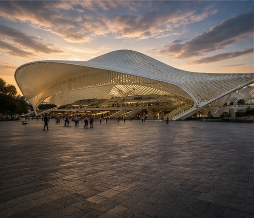 The white steel and glass canopy of Liege-Guillemins station at dusk