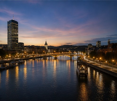 The Meuse at night in Liege, bridges and quays lit along both banks