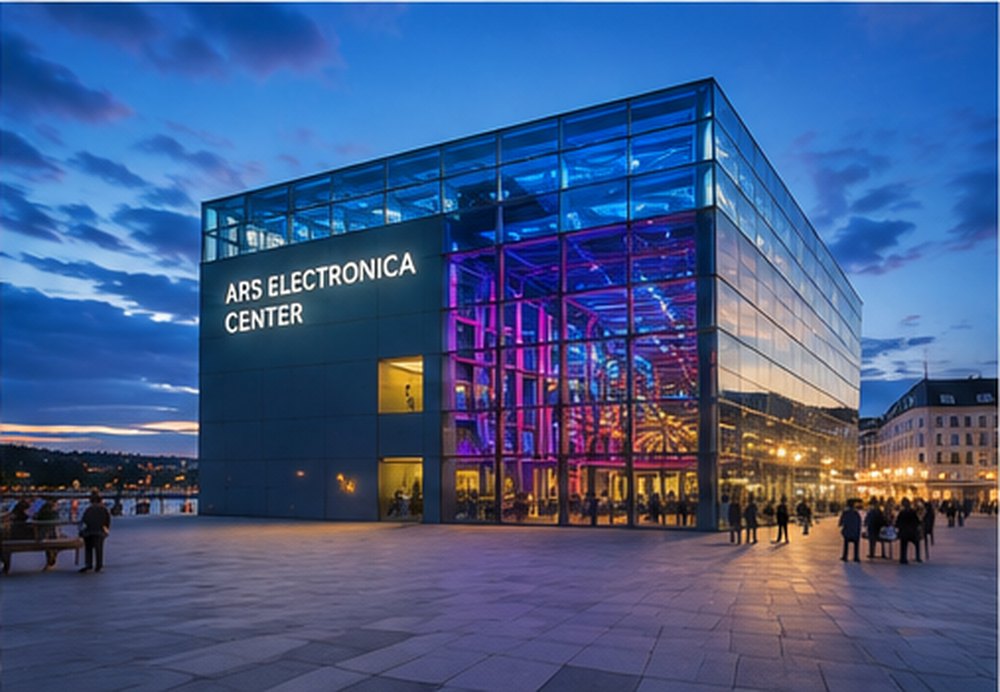 The glass facade of the Ars Electronica Center in Linz lit blue and violet at dusk