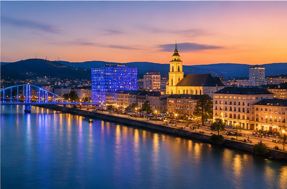 The Linz waterfront at dusk, lit buildings reflected in the Danube