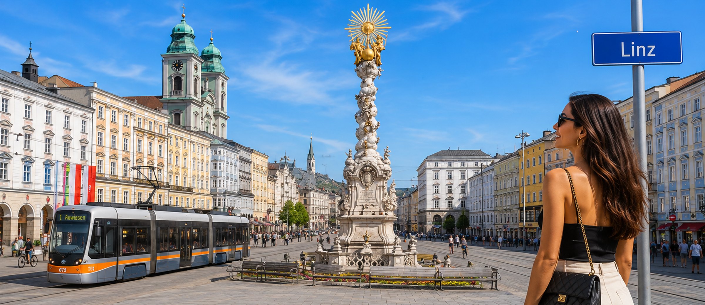 The Hauptplatz in Linz, the baroque Trinity Column in the middle of the square and a tram crossing in front of it