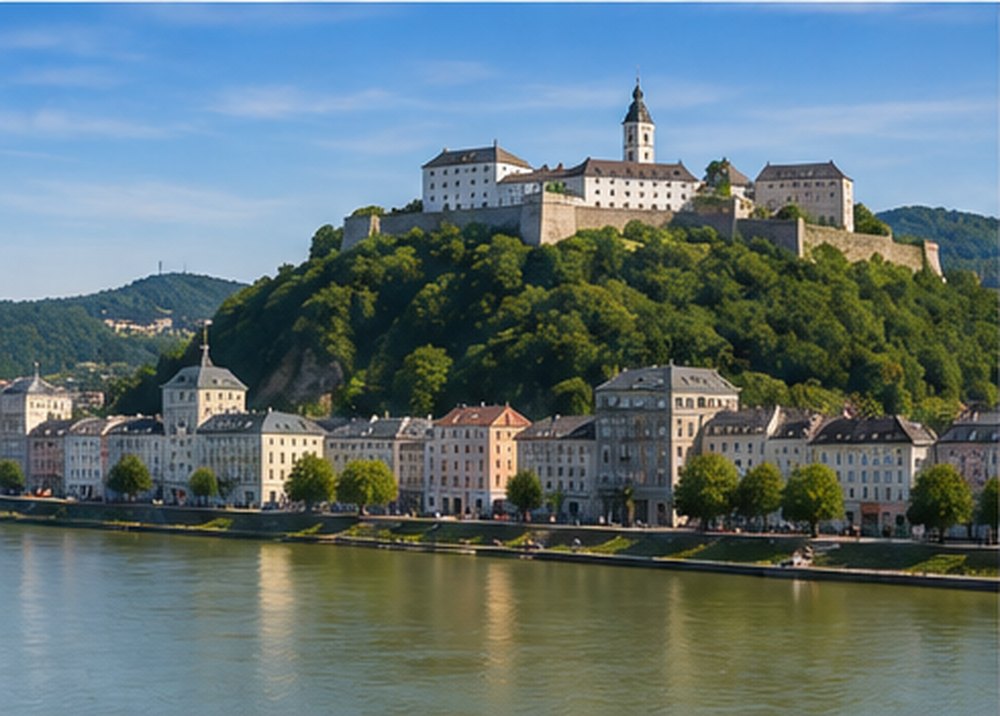 A white fortress on a green hill above the houses and quay of a Danube town