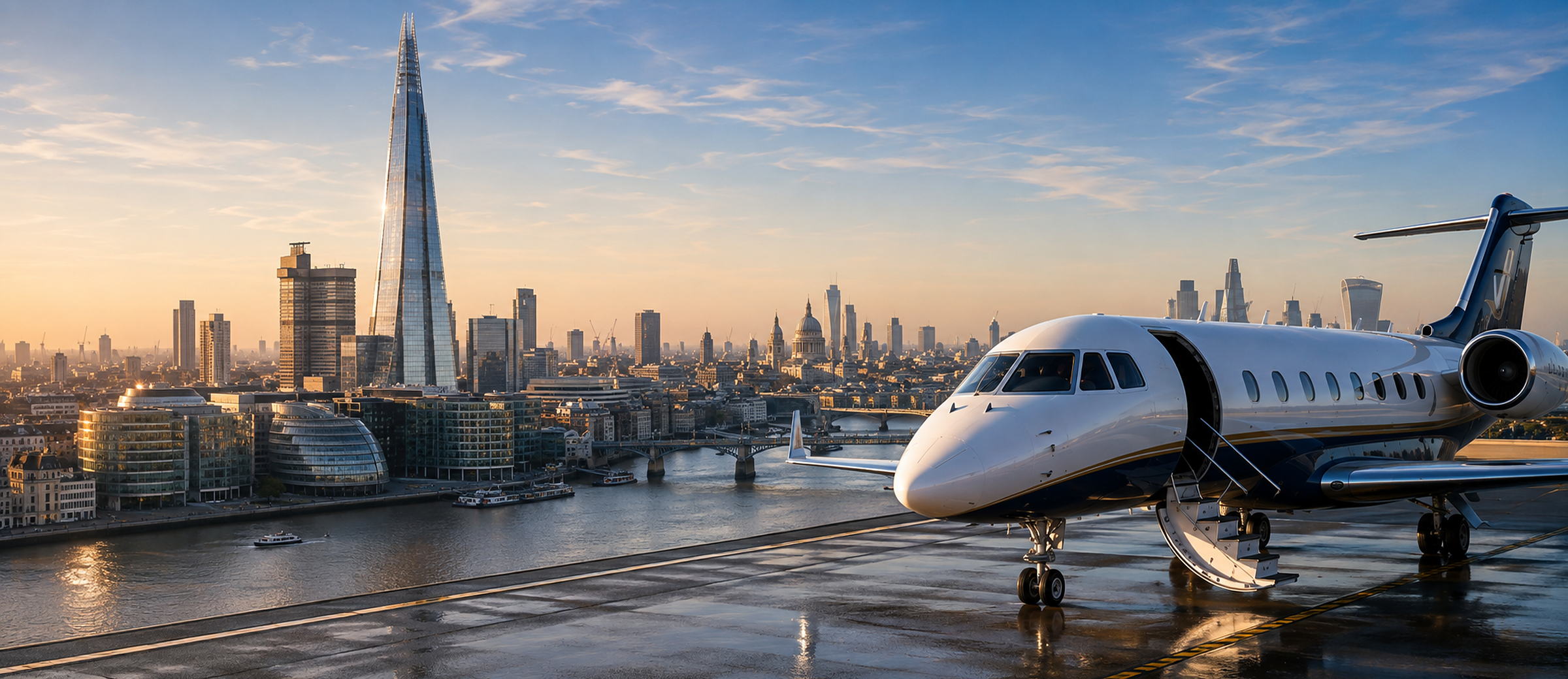 A private jet on the apron with the London skyline and the Thames behind it at sunset