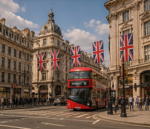 A red double-decker bus on a London street under Union flags strung between the buildings