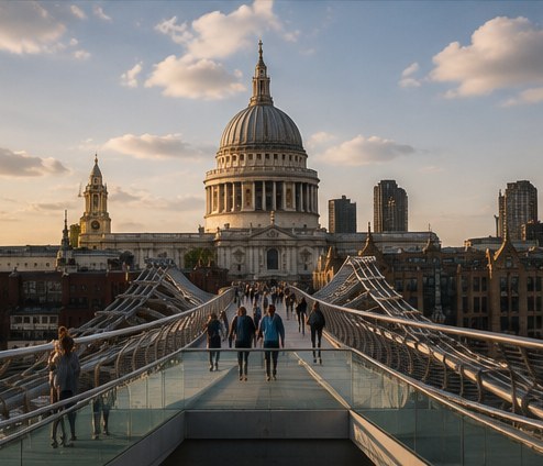 The dome of St Paul's Cathedral at the end of the Millennium Bridge, people walking across