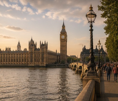The Houses of Parliament and the Elizabeth Tower across the Thames from the embankment