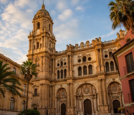 The facade and tower of Malaga cathedral, palms in front of it