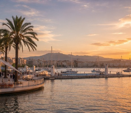 The marina at Malaga at sunset, palms along the promenade and yachts at the pontoons