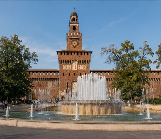 The fountain in front of the Castello Sforzesco in Milan, the brick clock tower behind it