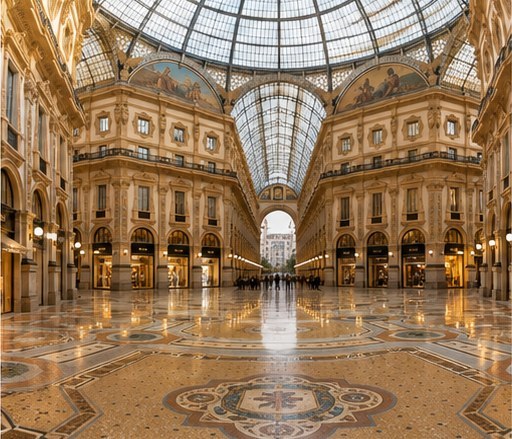 Inside the Galleria Vittorio Emanuele II in Milan, the glass dome and the mosaic floor