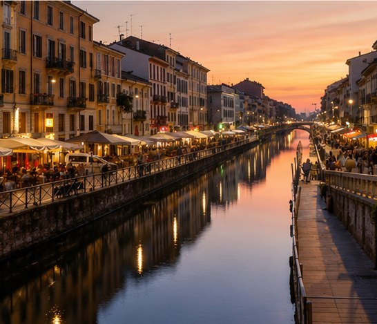 The Navigli canal in Milan at sunset, terraces and lights along both banks