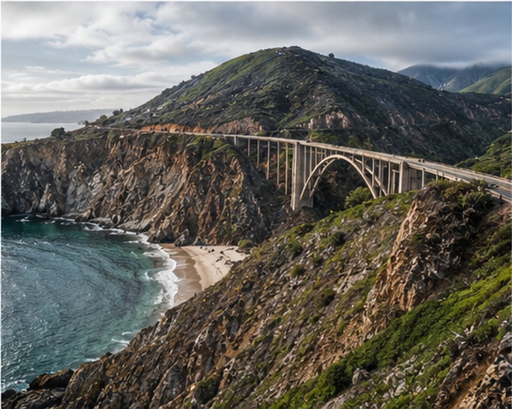 Bixby Bridge carrying Highway 1 across a steep cove on the Big Sur coast