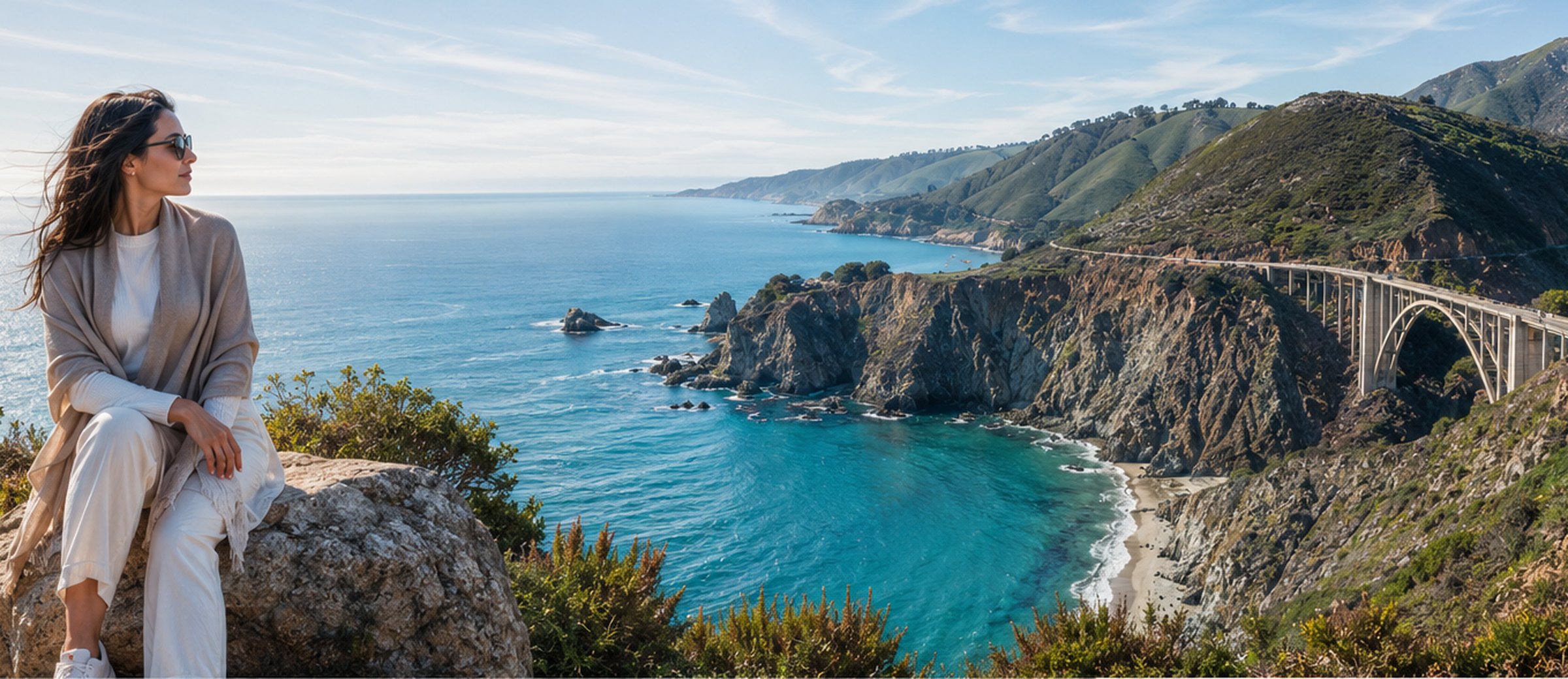 The Big Sur coast south of Monterey, a bridge carrying Highway 1 across a cliff cove above turquoise water