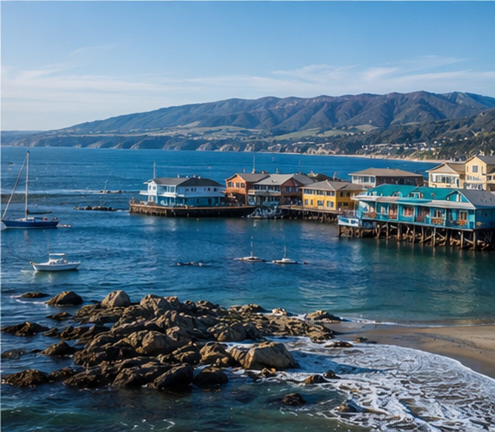 Painted buildings on the wharf at Monterey harbour with boats moored in the bay