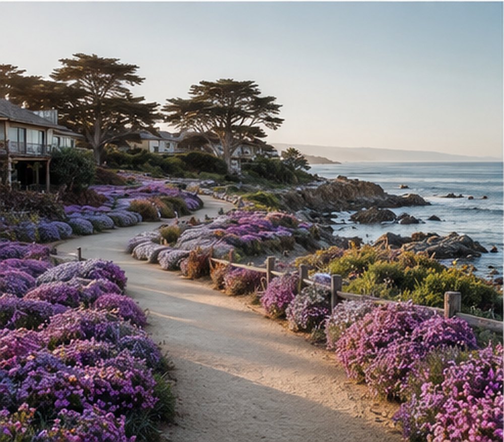 A coast path lined with purple flowering ice plant above the rocks at Pacific Grove