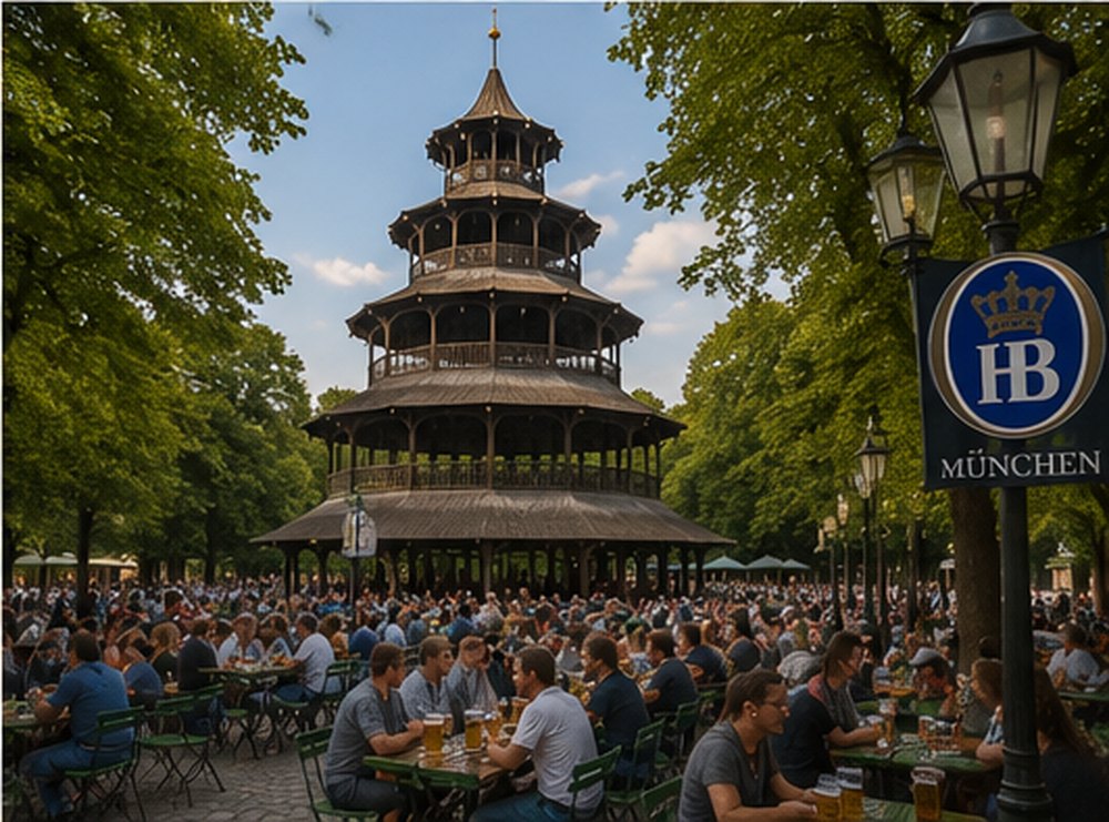 The wooden Chinese Tower in Munich's English Garden with the beer garden benches full below it