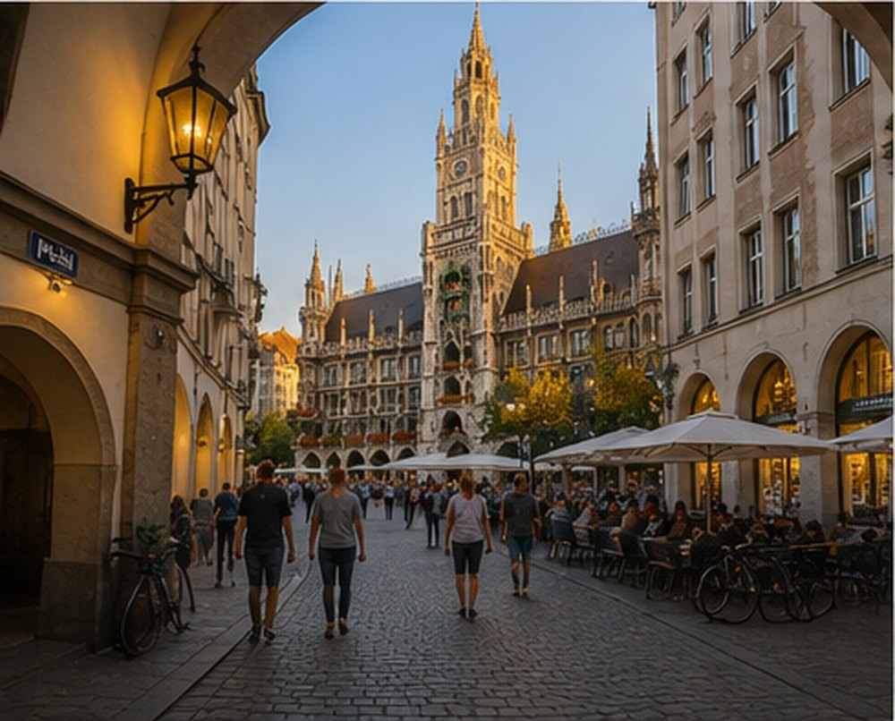 The New Town Hall seen down a street off Marienplatz, cafe tables under the arcades