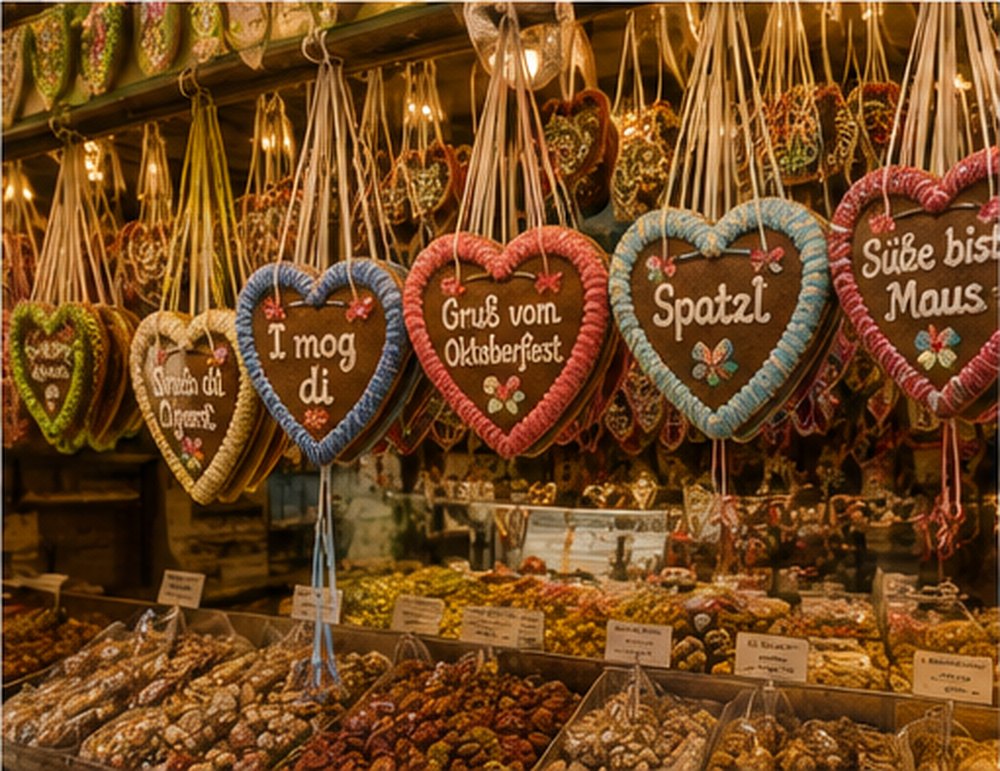 Iced gingerbread hearts hanging above a market stall in Munich