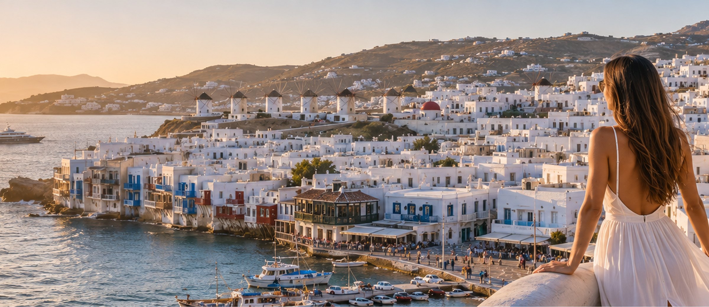 Mykonos town at sunset seen from above, white houses down to the harbour and the row of windmills on the ridge