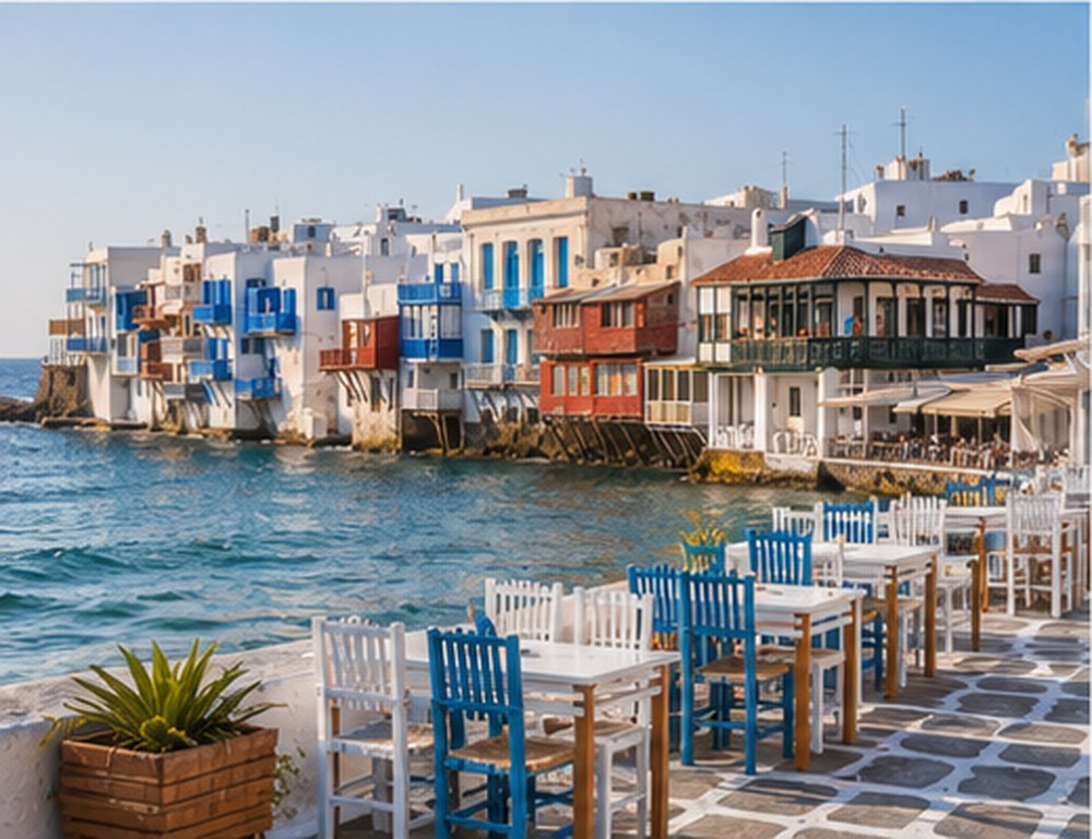 The balconied houses of Little Venice in Mykonos standing over the sea