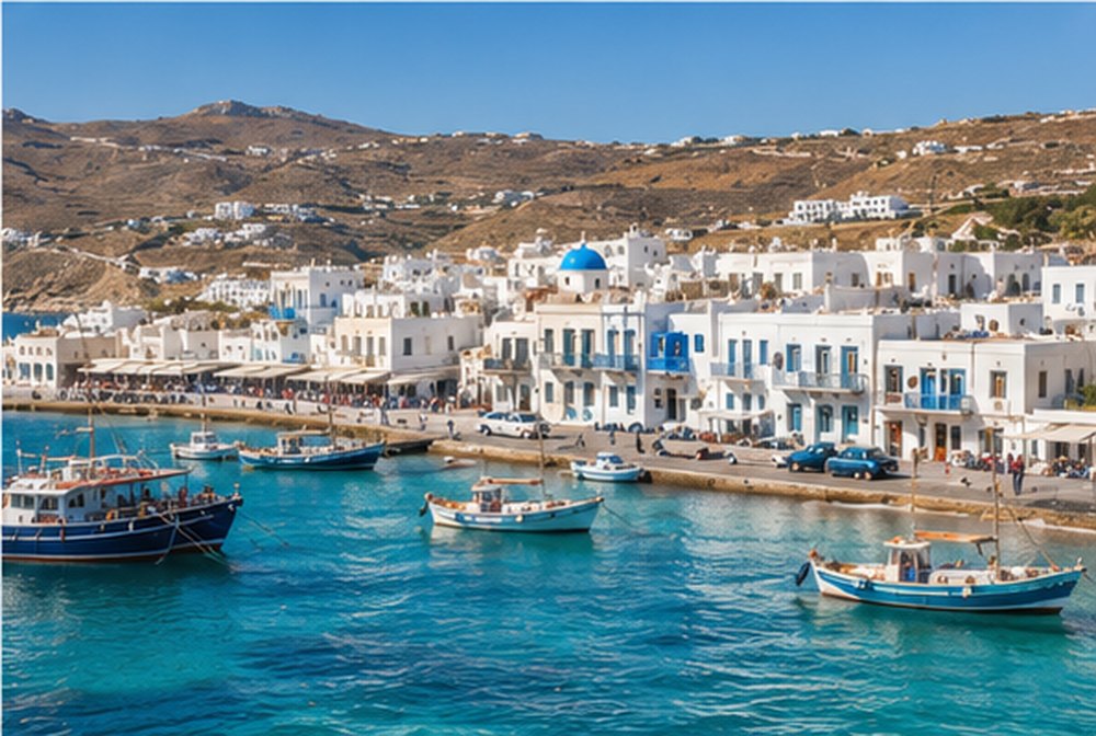 Fishing boats moored in the old port of Mykonos with the white town behind