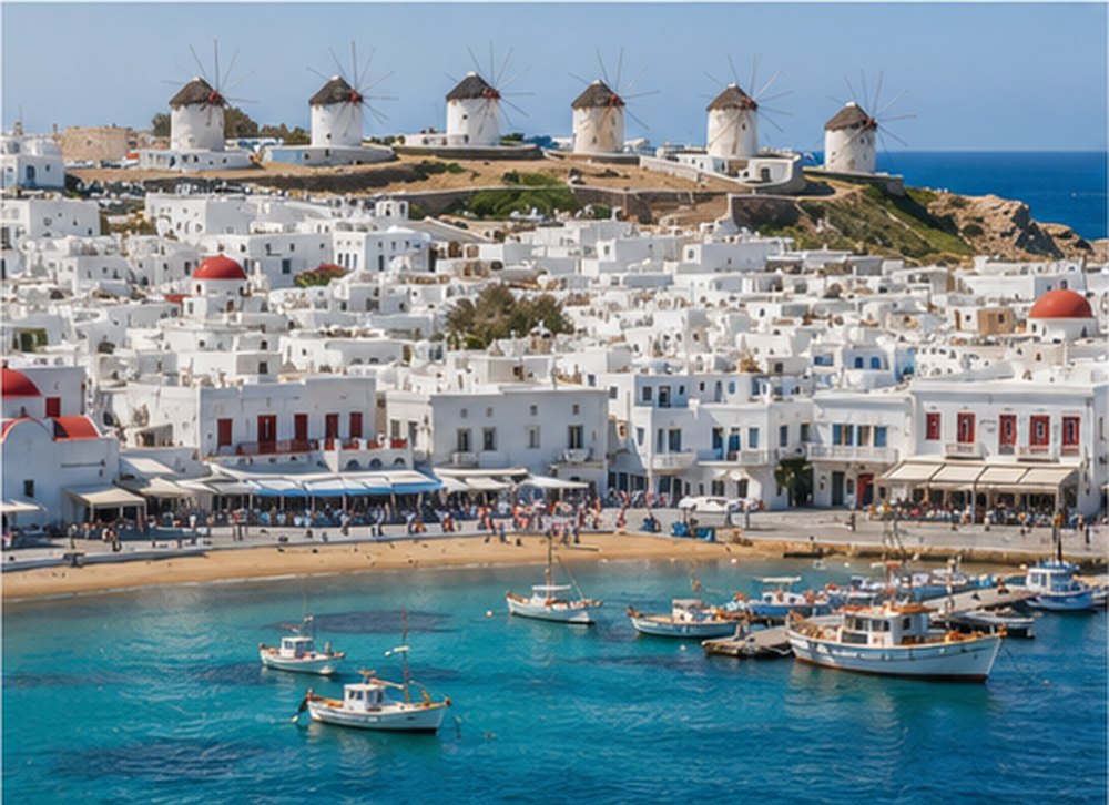 The row of whitewashed windmills on the ridge above Mykonos town