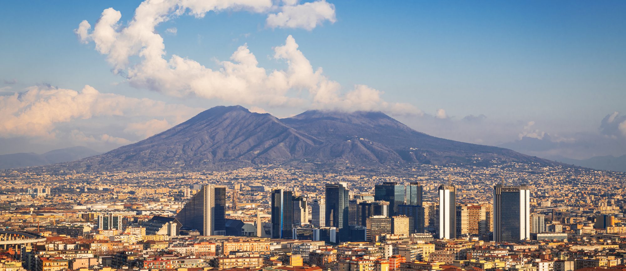 Naples from Posillipo, the bay and Vesuvius behind the city