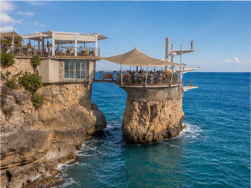 A terrace built on a rock stack above clear blue water on the coast east of Nice