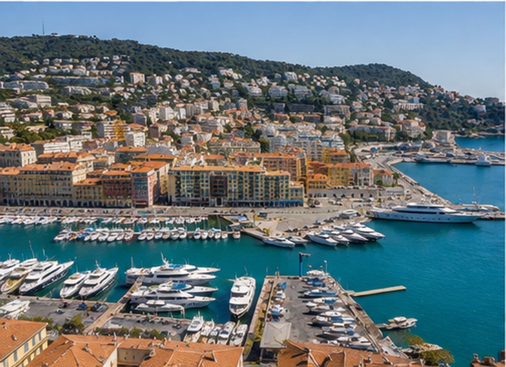 Yachts moored in Port Lympia at Nice with the painted houses of the quay behind