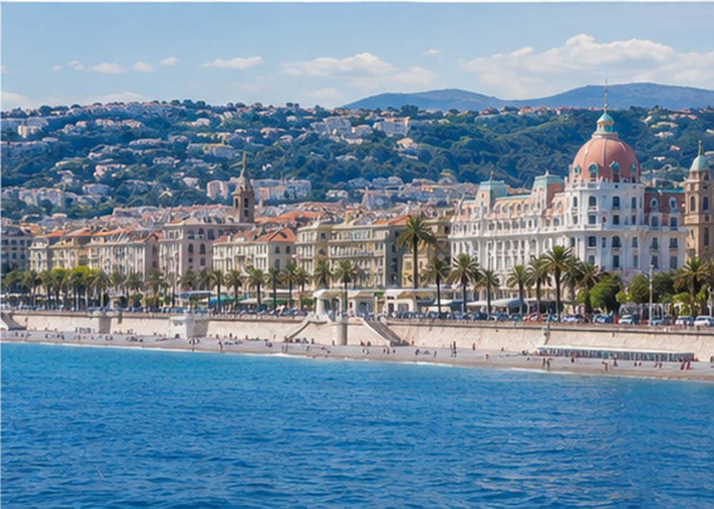 The Promenade des Anglais at Nice, palms and belle epoque hotels above the pebble beach