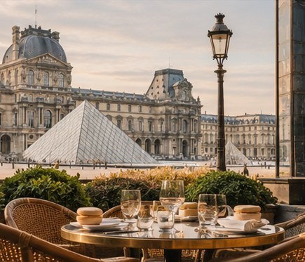 A cafe terrace looking out at the glass pyramid in the Louvre courtyard