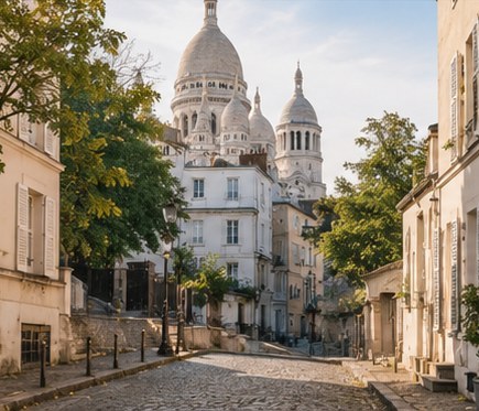 A quiet cobbled street in Montmartre with the domes of the Sacre-Coeur above the rooftops