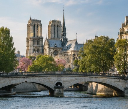 Notre-Dame across the Seine, a stone bridge in the foreground