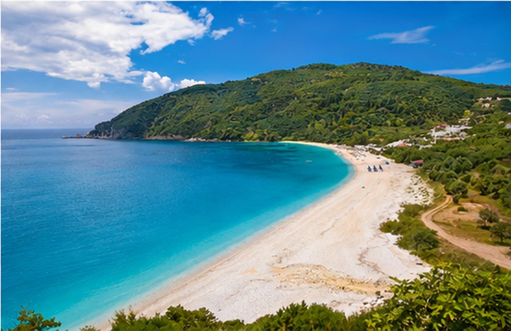 A curved white shingle beach with turquoise water below a green headland