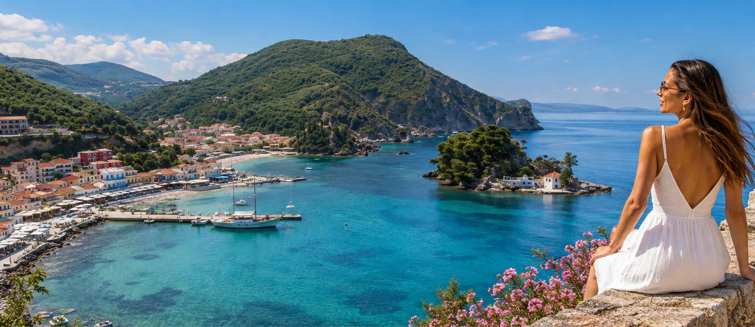 A harbour town on the Ionian coast near Preveza, boats along the quay and a wooded headland across the bay