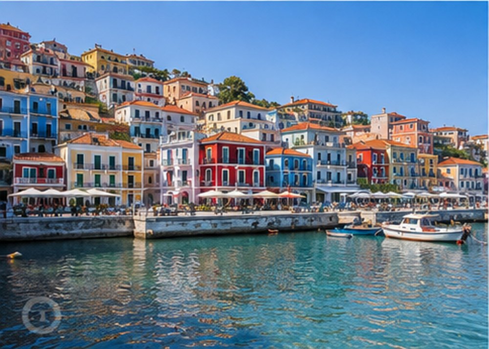 Painted houses and tavernas along a harbour quay with small boats moored in front