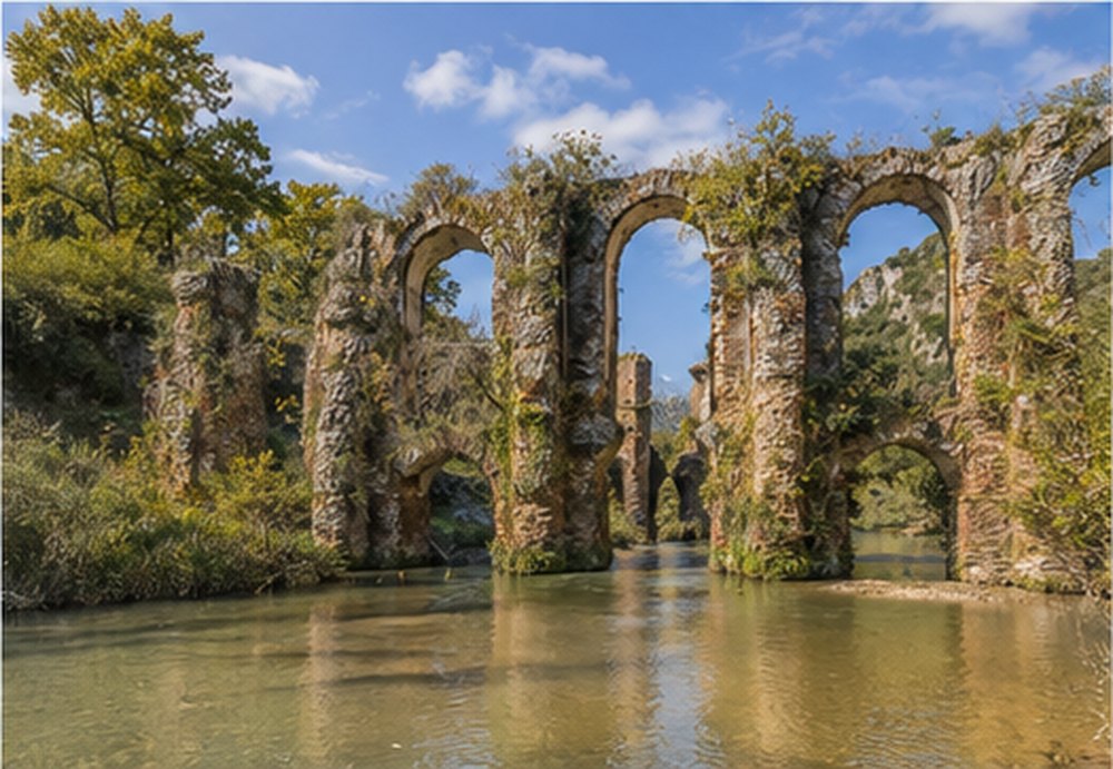 The arches of the Roman aqueduct at Nikopolis standing in still water