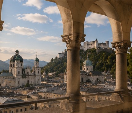 A stone arcade looking out over the domes of Salzburg and the fortress on its hill