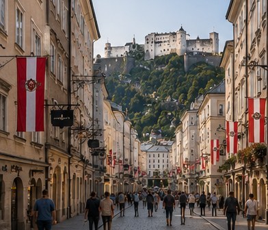 A shopping street in the old town of Salzburg, Austrian flags on the facades and the fortress above the roofs