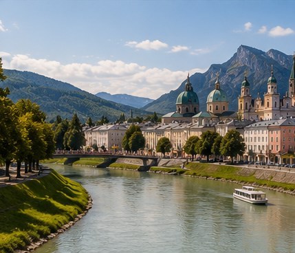 The Salzach running past the old town of Salzburg, church towers and the mountains behind