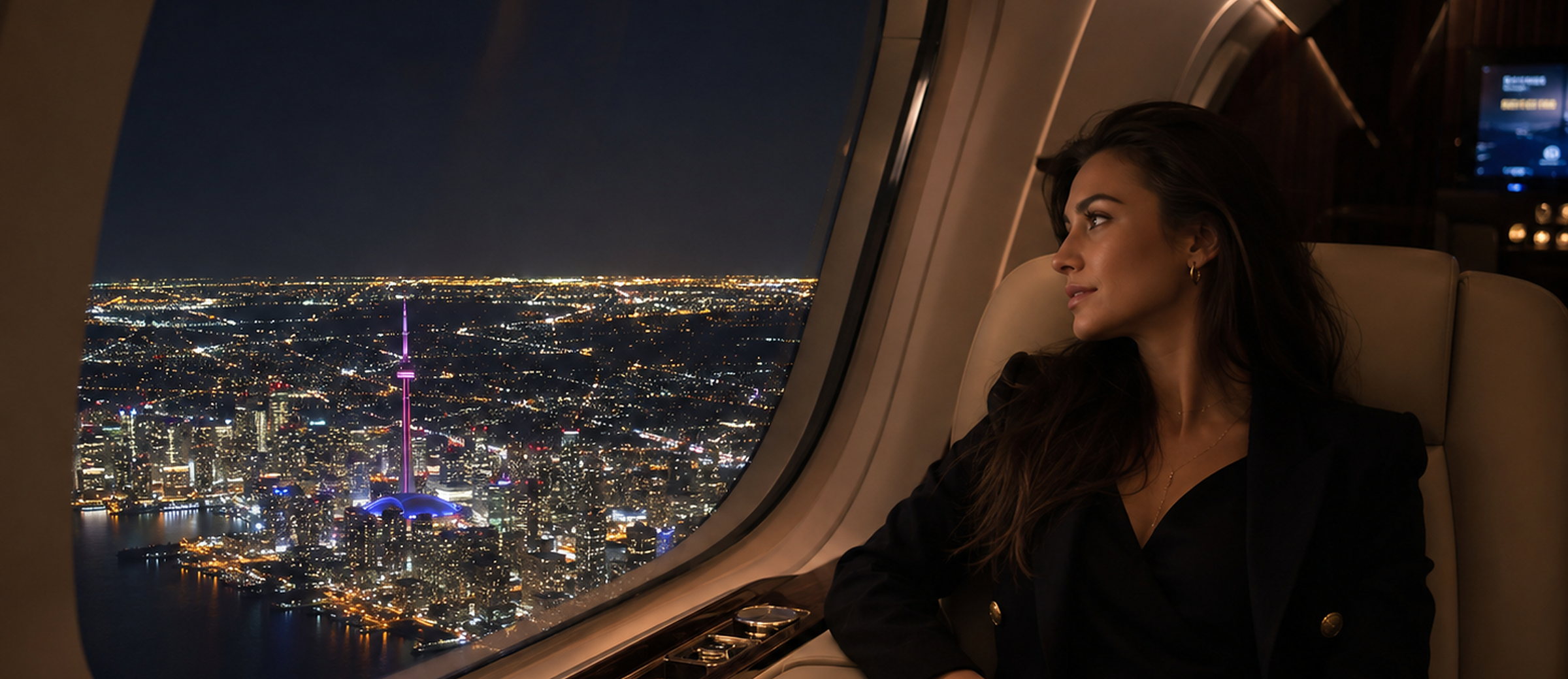 A passenger in a private jet cabin looking out over the lights of downtown Toronto and the CN Tower at night