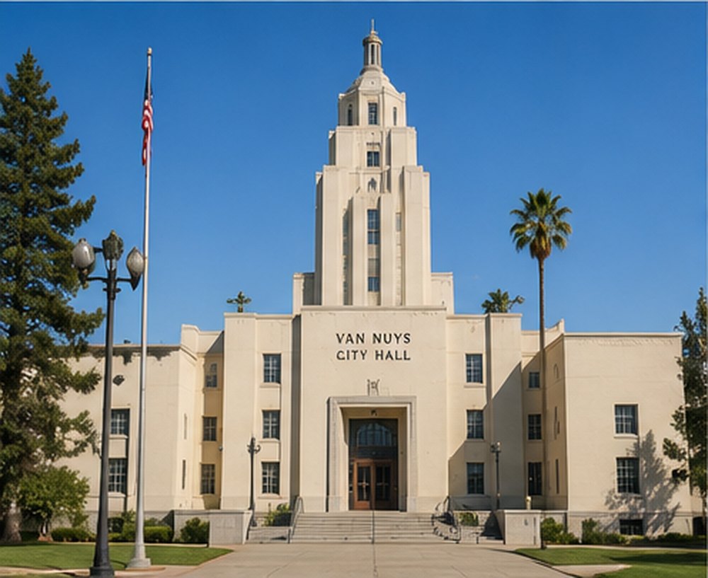 The white art deco tower of Van Nuys City Hall behind palms and a flagpole