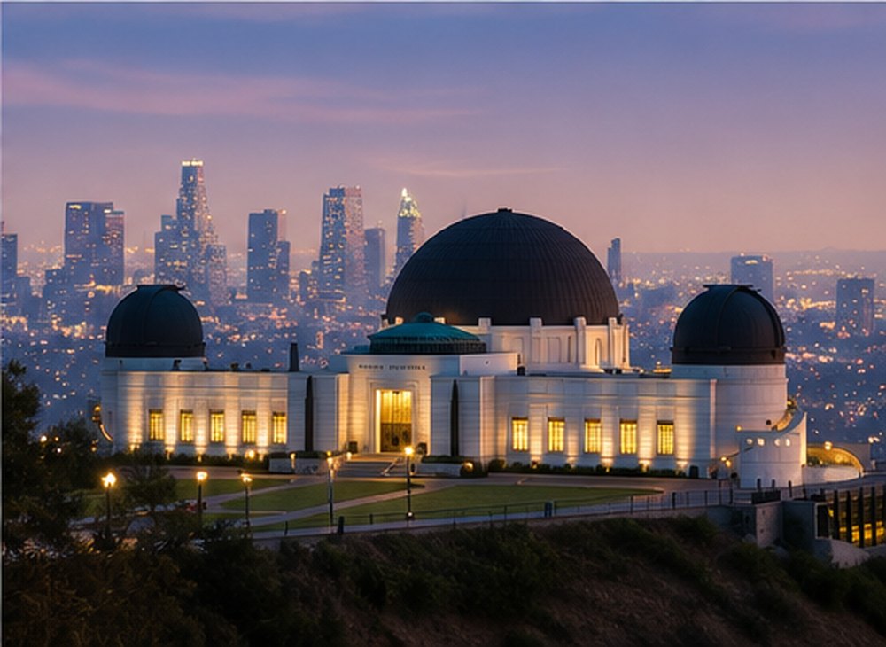 Griffith Observatory lit at dusk with the Los Angeles skyline behind it