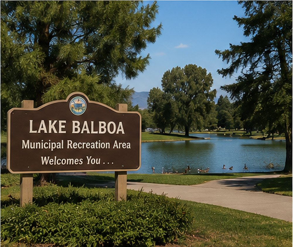 The Lake Balboa Municipal Recreation Area sign, with the lake and its path behind