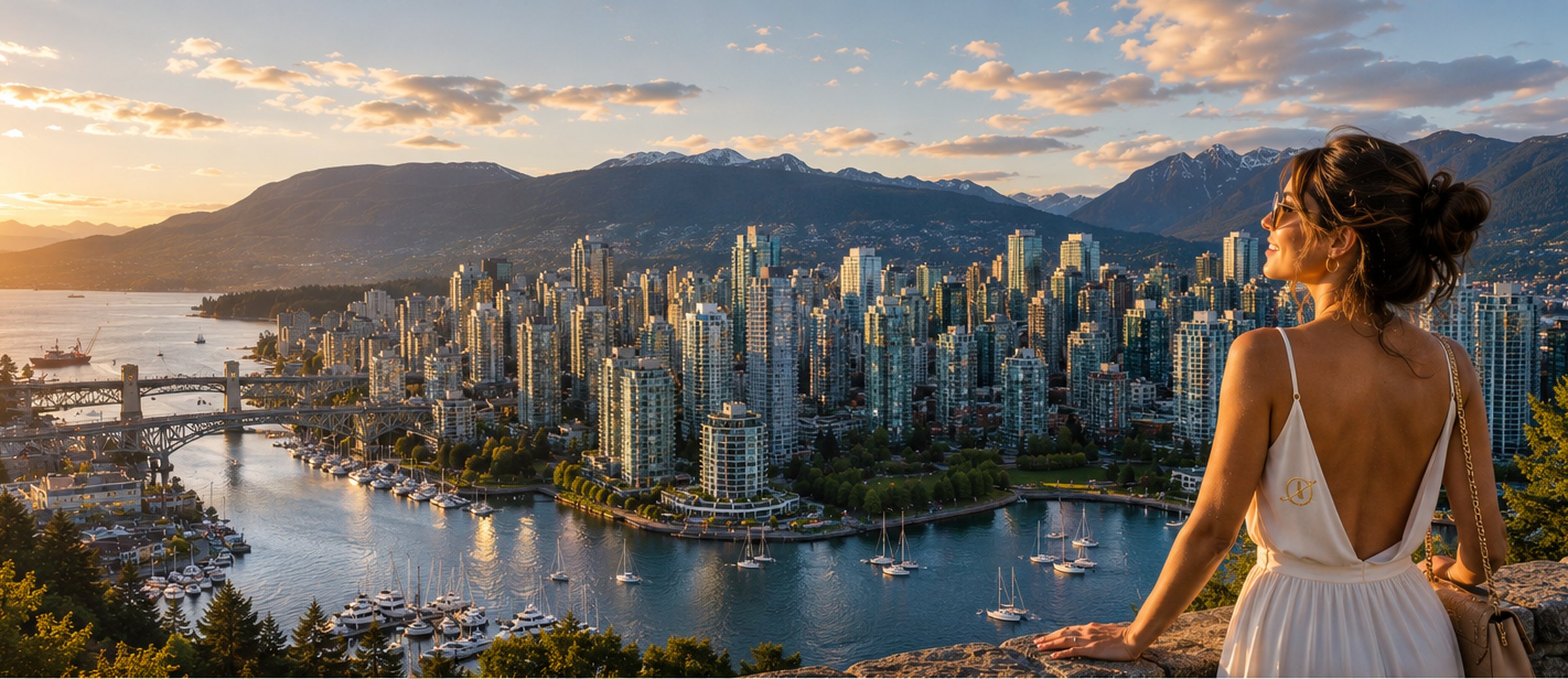 Vancouver at sunset, the downtown towers on the water with the North Shore mountains behind, the arrival city on the Calgary to Vancouver empty leg route