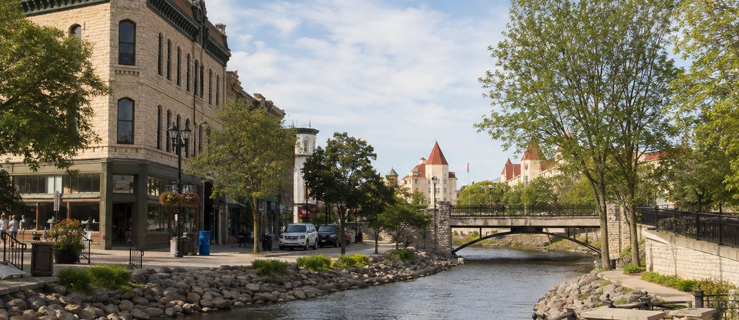 The Fox River through downtown Waukesha, the limestone storefronts on the Riverwalk