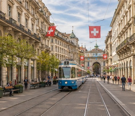 A blue tram on a Zurich shopping street, Swiss flags strung across between the buildings